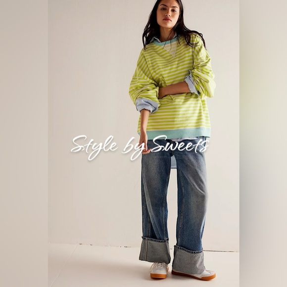 Free People Classic Striped Oversized Crewneck Lime Combo - Picture 2 of 4